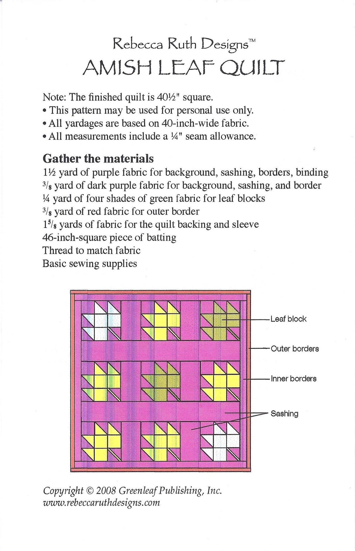 Back of the Amish Leaf Quilt Pattern by Rebecca Ruth Designs