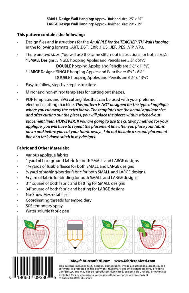 Back of the An Apple for the Teacher ITH Wall Hanging by Fabric Confetti