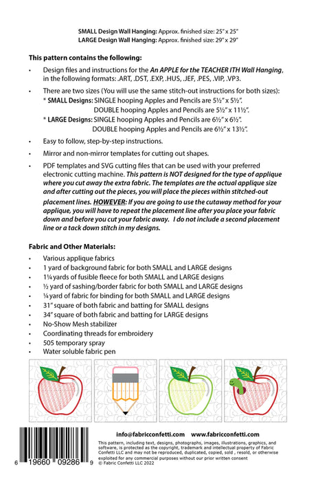 Back of the An Apple for the Teacher ITH Wall Hanging by Fabric Confetti