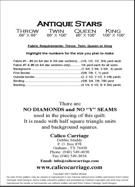 Back of the Antique Stars Quilt Pattern by Calico Carriage