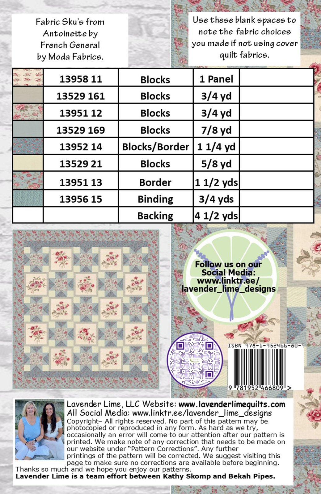 Back of the Bekah's Bouquet Downloadable Pattern by Lavender Lime Quilting