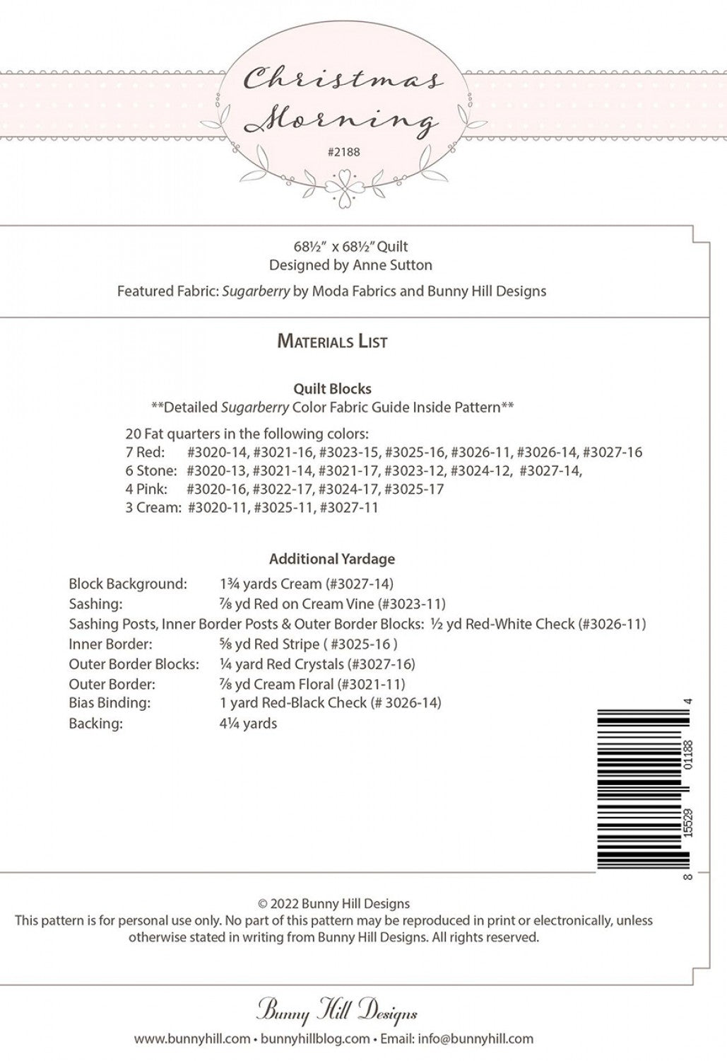 Back of the Christmas Morning Quilt Pattern by Bunny Hill Designs