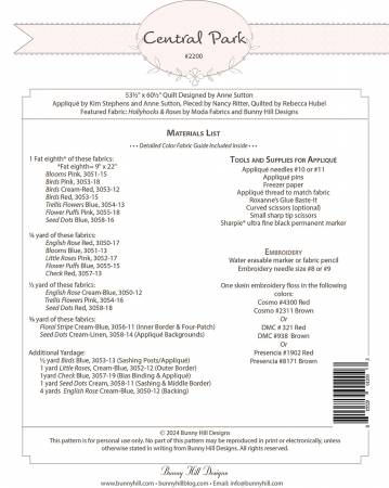 Back of the Central Park Quilt Pattern by Bunny Hill Designs