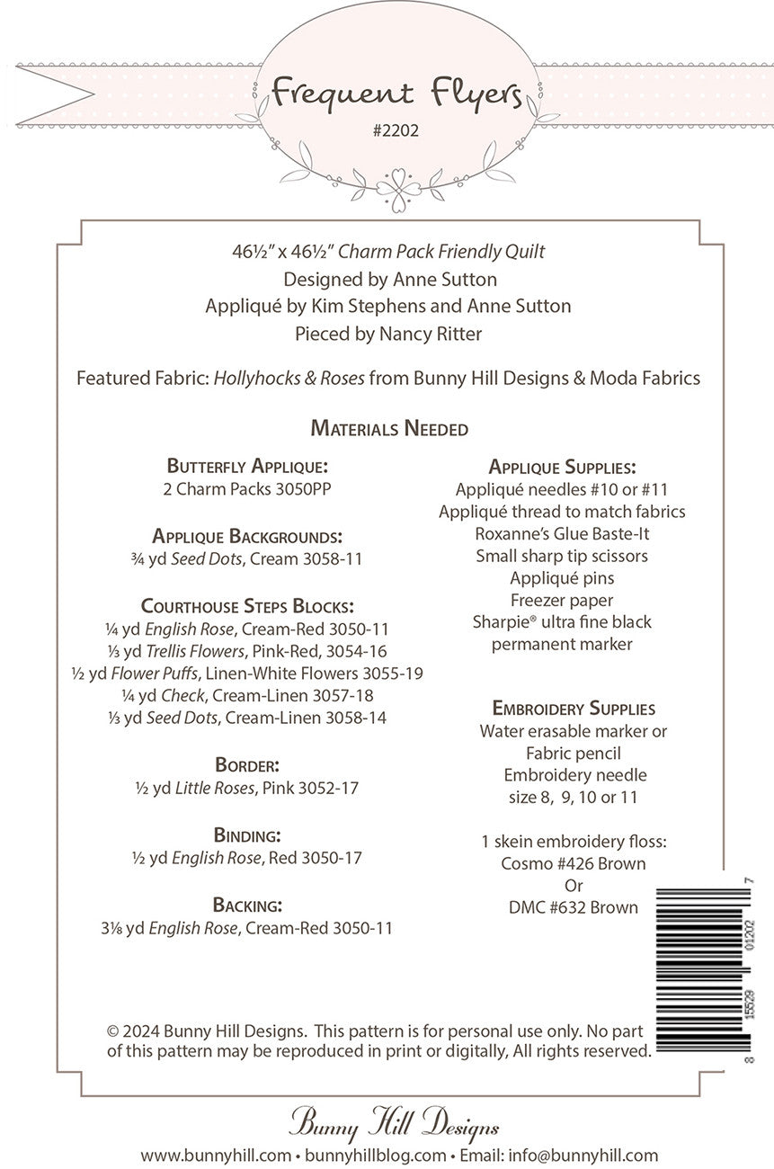 Back of the Frequent Flers Quilt Pattern by Bunny Hill Designs