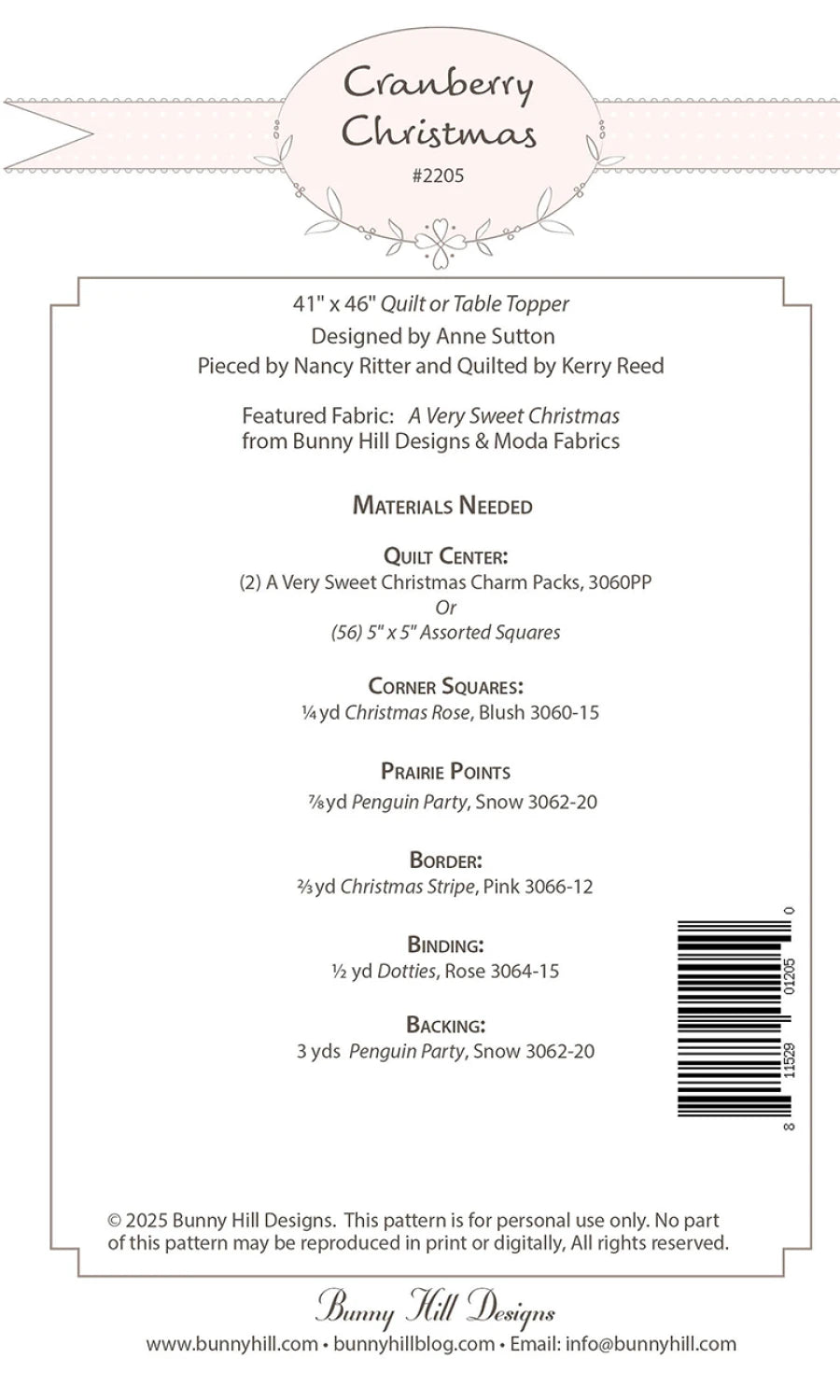 Back of the Cranberry Christmas Quilt Pattern by Bunny Hill Designs