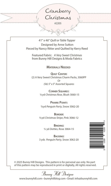 Back of the Cranberry Christmas Quilt Pattern by Bunny Hill Designs