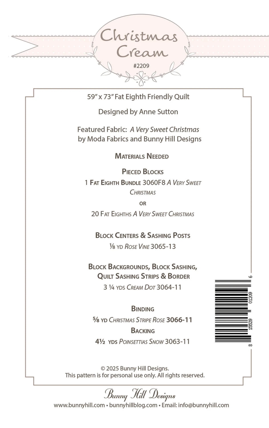 Back of the Christmas Cream Quilt Pattern by Bunny Hill Designs