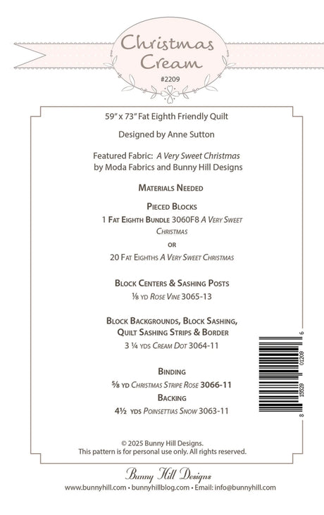 Back of the Christmas Cream Quilt Pattern by Bunny Hill Designs