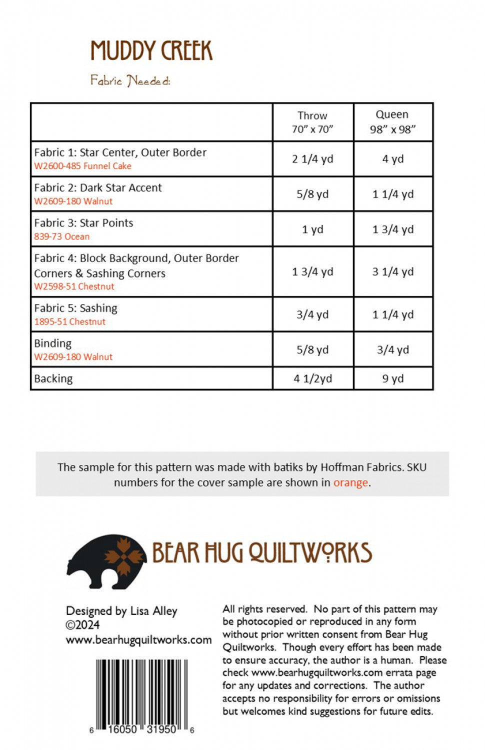 Back of the Muddy Creek Quilt Pattern by Bear Hug Quiltworks