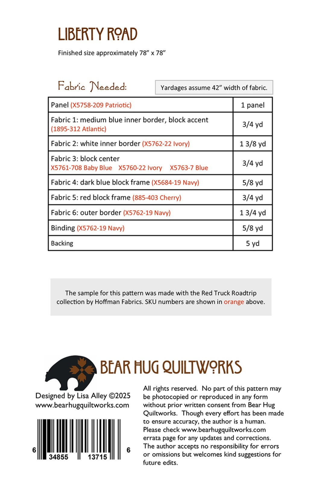 Back of the Liberty Road Quilt Pattern by Bear Hug Quiltworks