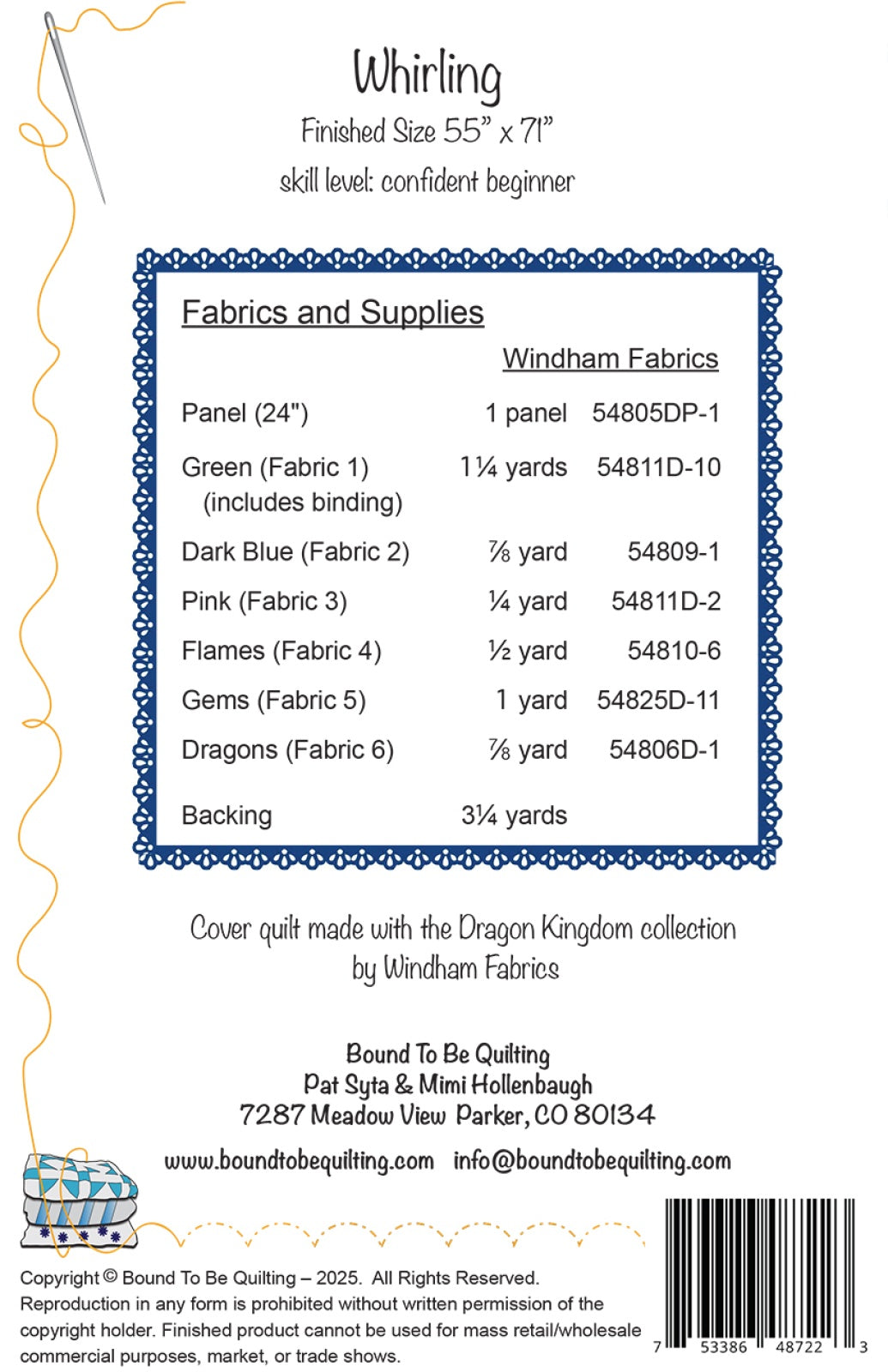 Back of the Whirling Quilt Pattern by Bound To Be Quilting, LLC