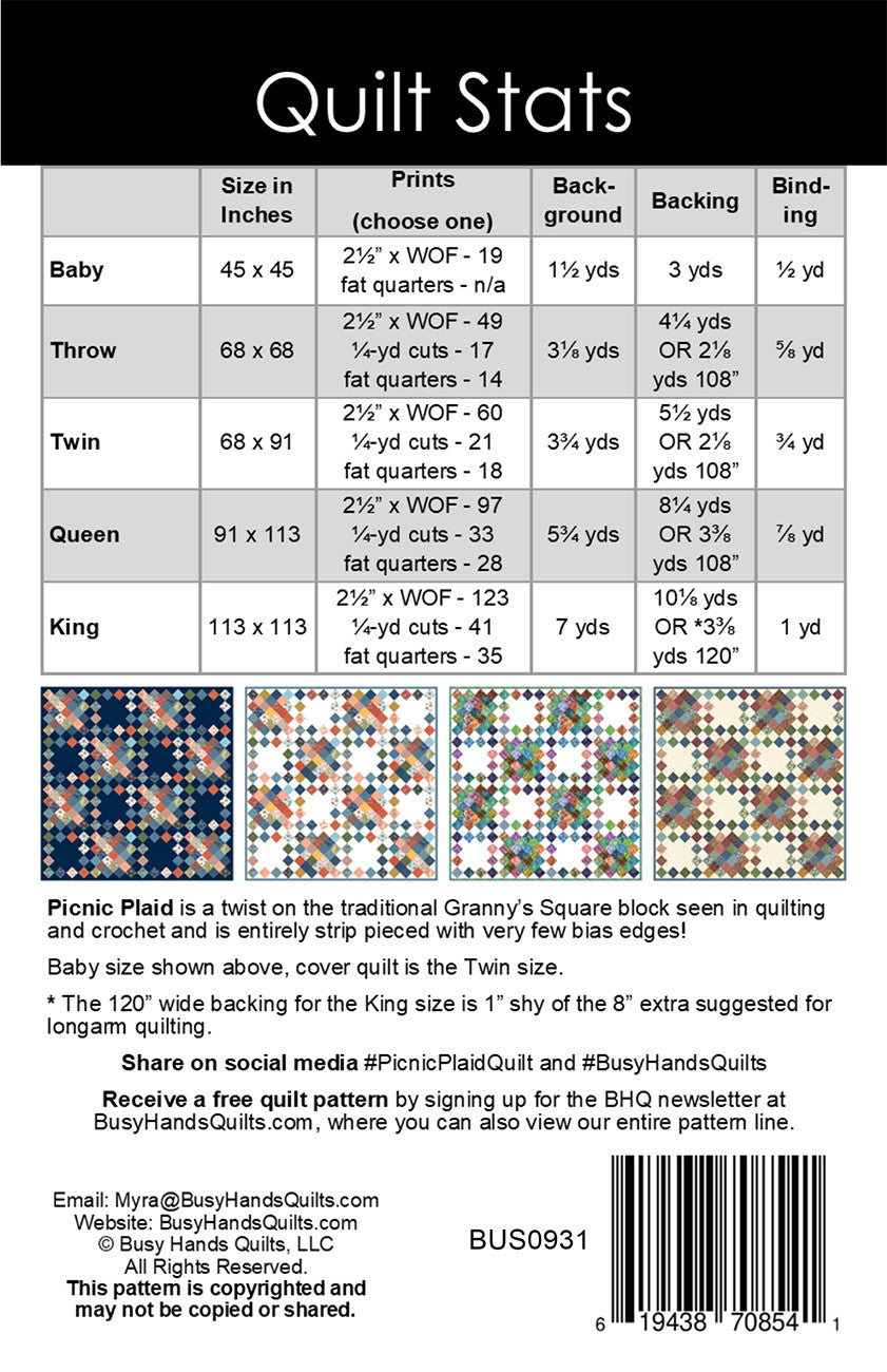 Back of the Picnic Plaid Quilt Pattern by Busy Hands