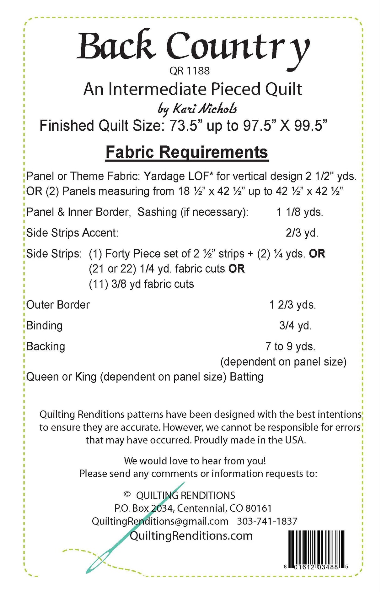 Back of the Back Country Quilt Pattern by Quilting Renditions