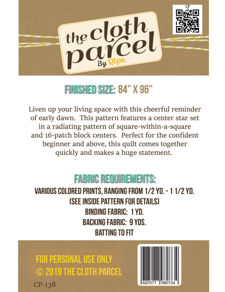 Back of the Dawning Star Quilt Downloadable Pattern by Cloth Parcel