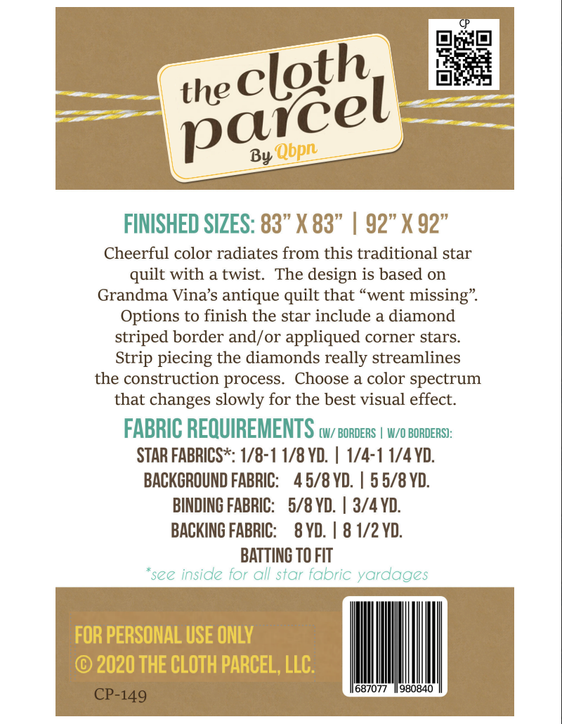 Back of the Vina’s Star Quilt Pattern by The Cloth Parcel