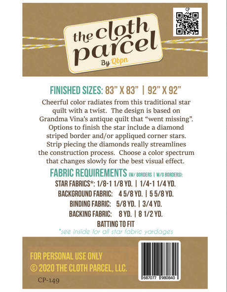 Back of the Vina’s Star Quilt Pattern by The Cloth Parcel