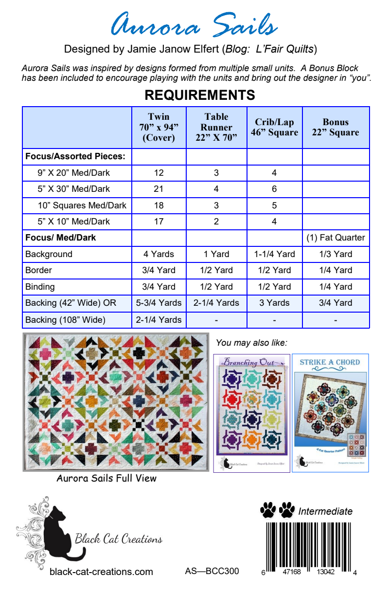 Back of the Aurora Sails Quilt Pattern - Black Cat Creations