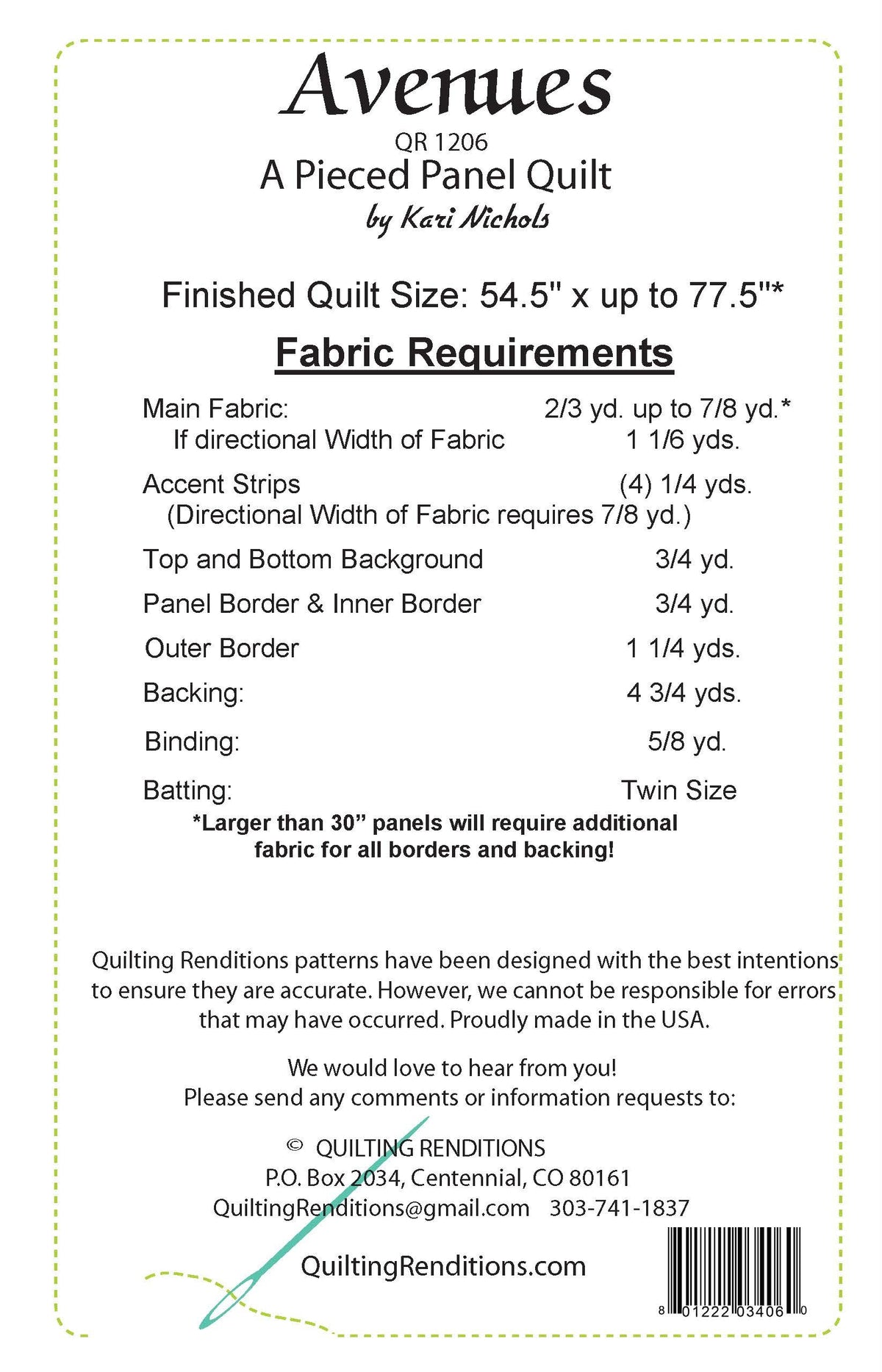 Back of the Avenues Downloadable Pattern by Quilting Renditions