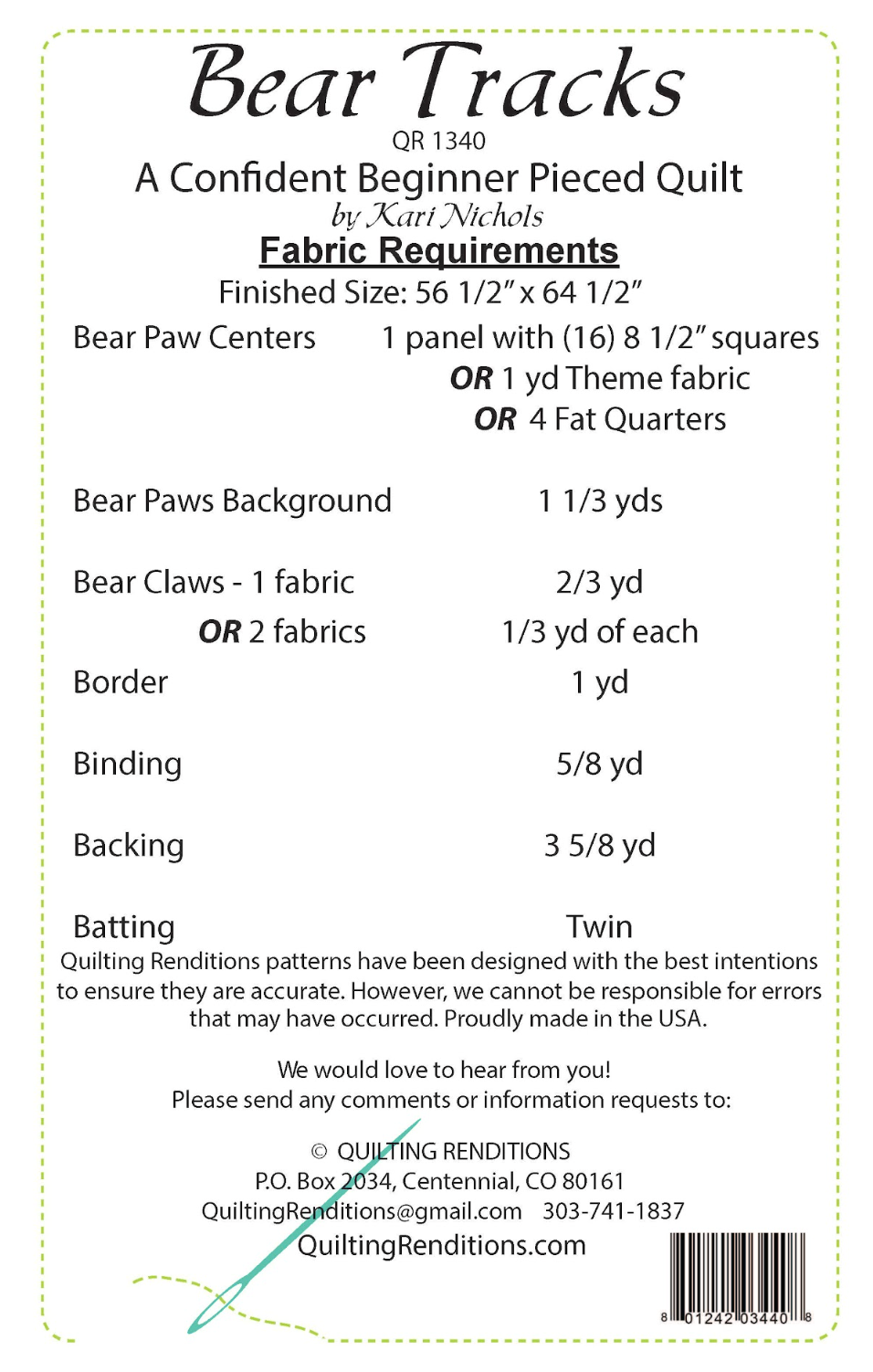 Back of the Bear Tracks Downloadable Pattern by Quilting Renditions