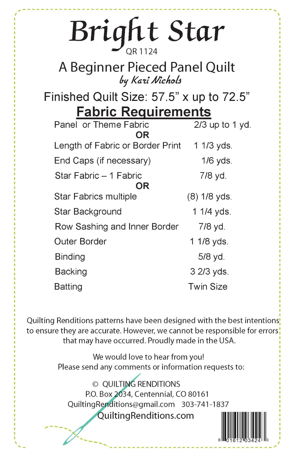 Back of the Bright Star Pattern by Quilting Renditions