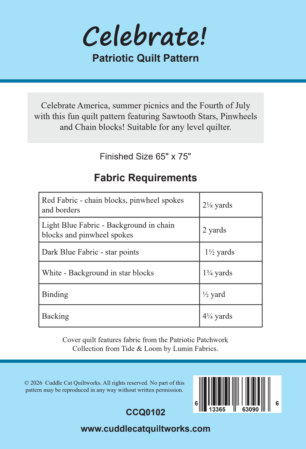 Back of the Celebrate! Downloadable Pattern by Cuddle Cat Quiltworks
