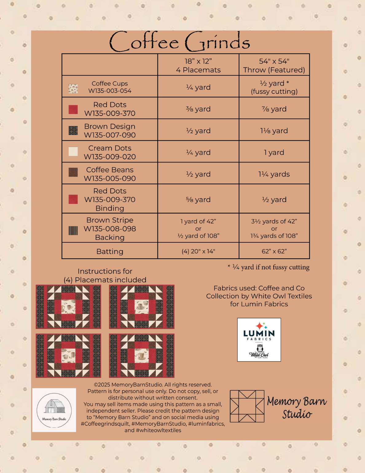 Back of the Coffee Grinds Downloadable Pattern by Memory Bard Studio