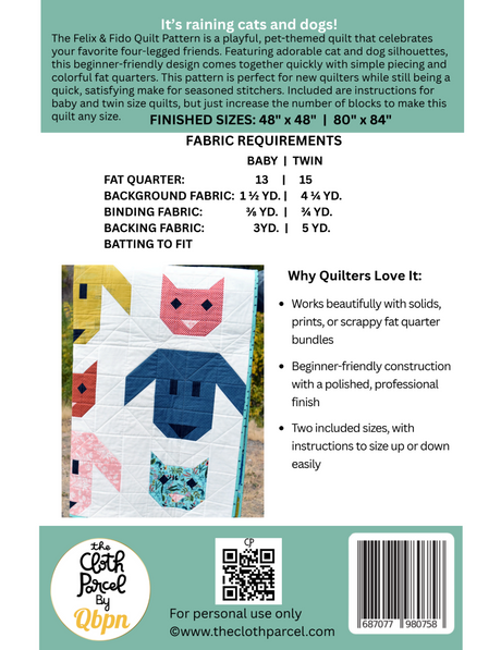 Back of the Felix & Fido Quilt Pattern by Cloth Parcel