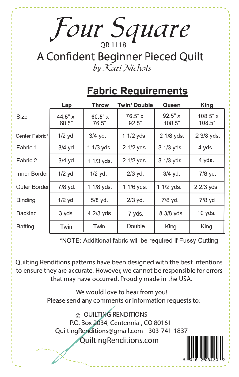 Back of the Four Square Pattern by Quilting Renditions
