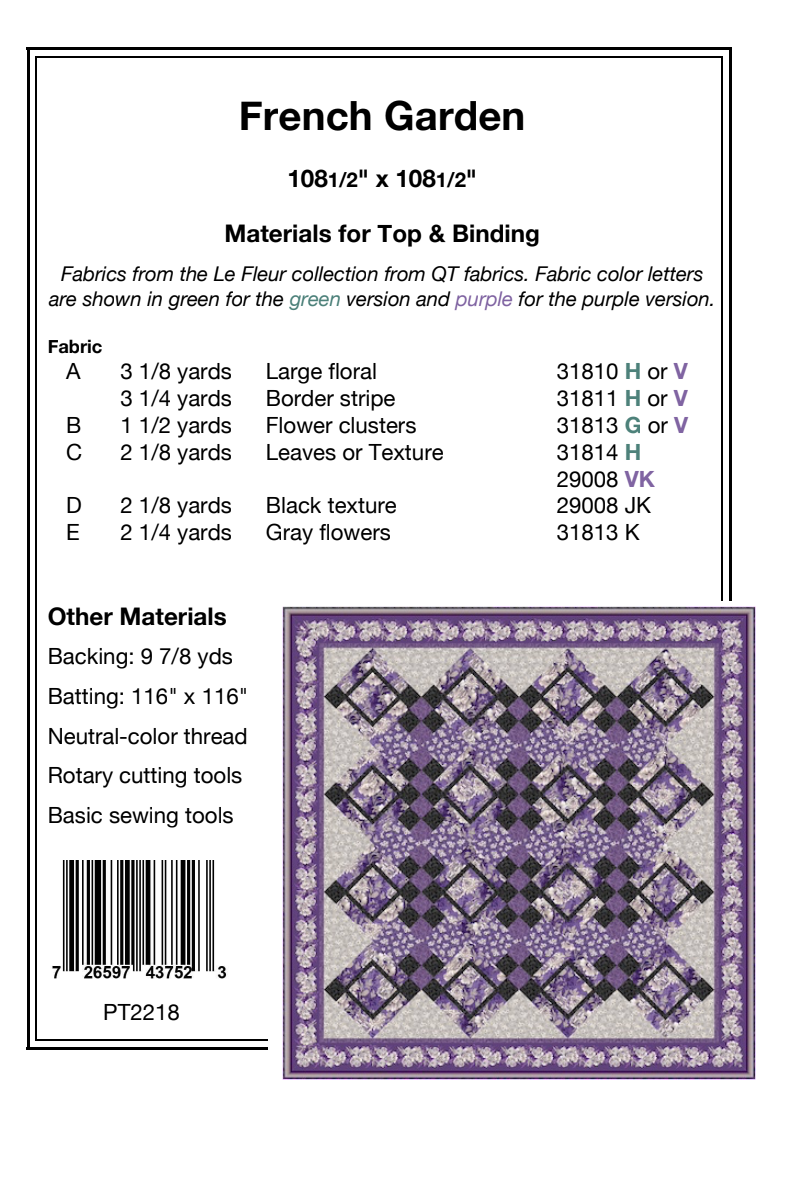 Back of the French Garden Downloadable Pattern by Pine Tree Country Quilts
