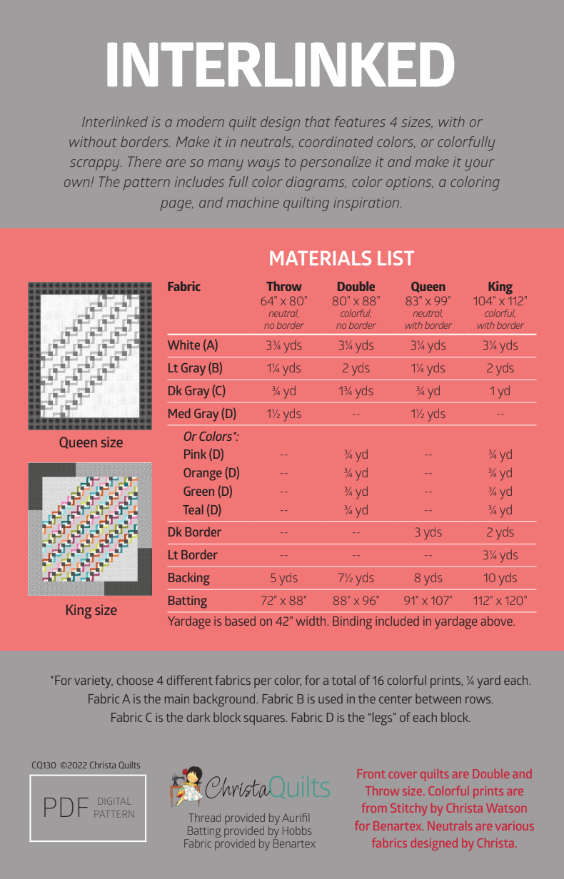 Back of the Interlinked Downloadable Pattern by Christa Quilts