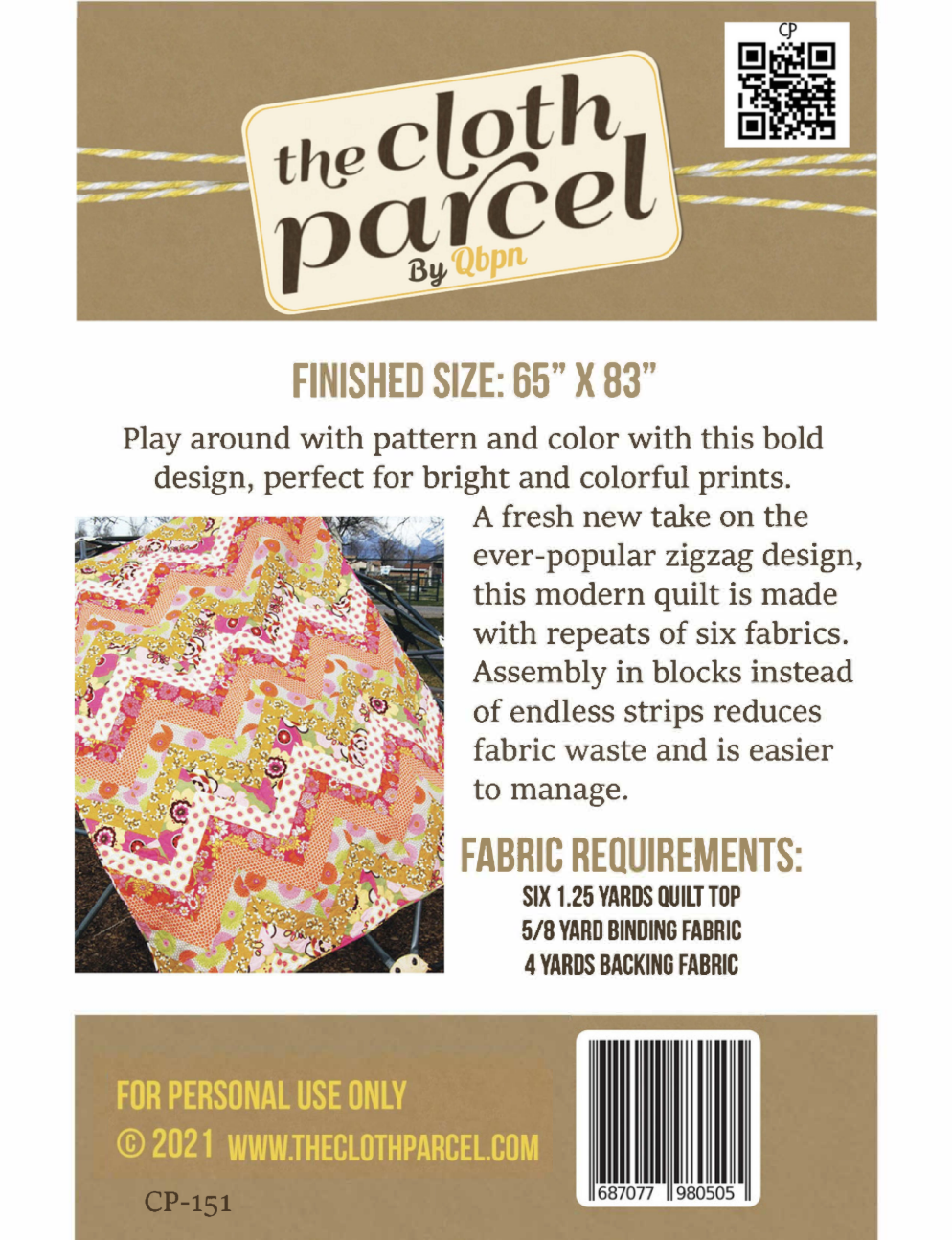 Back of the Modern Zigzag Quilt Pattern by Cloth Parcel
