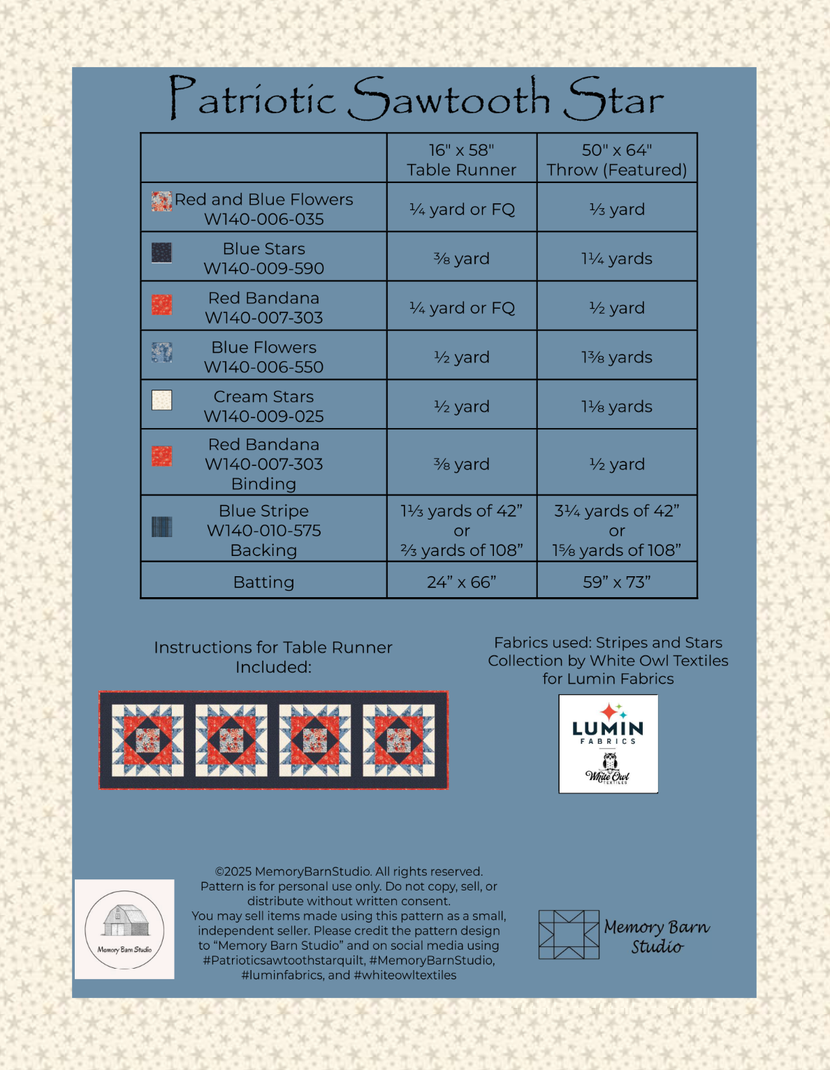 Back of the Patriotic Sawtooth Star Downloadable Pattern by Memory Bard Studio