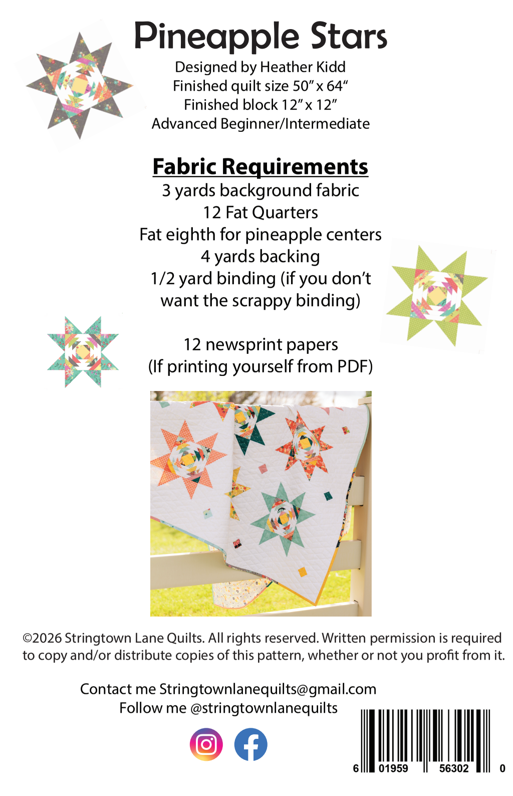 Back of the Pineapple Stars Downloadable Pattern by Stringtown Lane Quilts