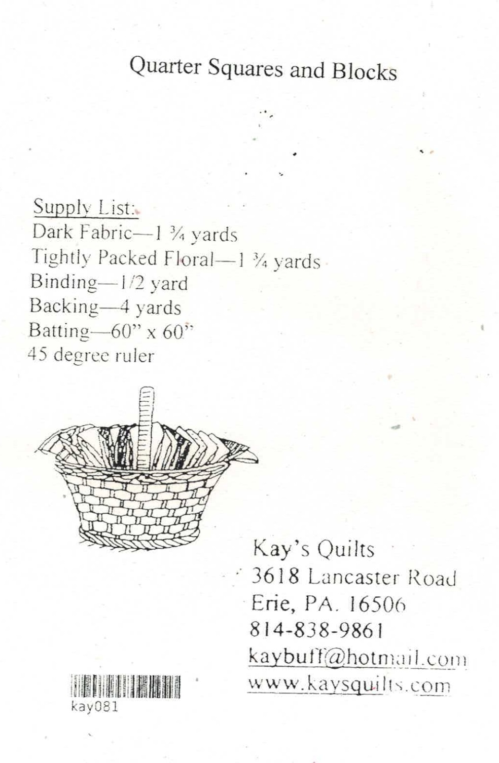 Back of the Quarter Squares and Blocks Downloadable Pattern by Kay Buffington