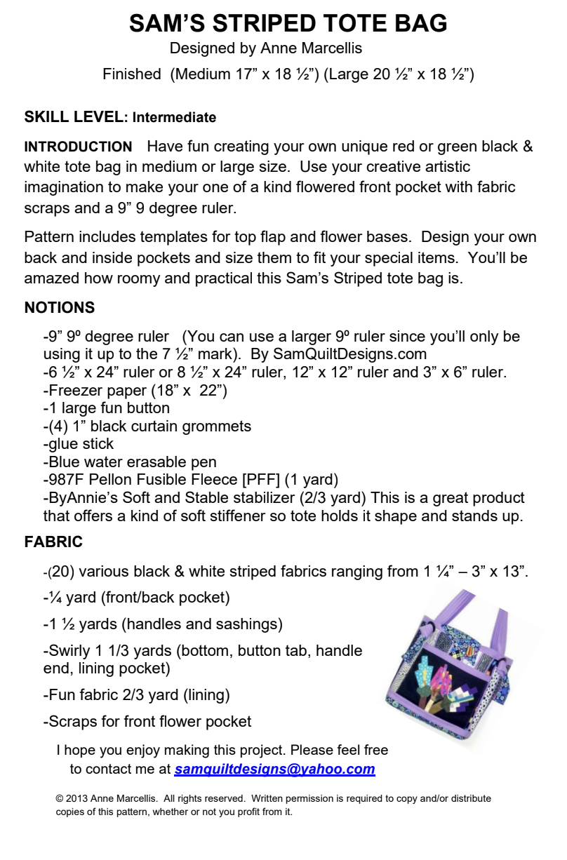Back of the Sam's Striped Tote Bag Downloadable Pattern by Sam Quilt Designs