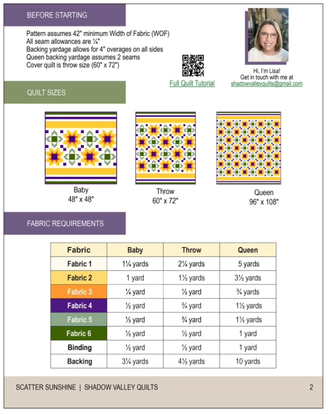 Back of the Scatter SunshineQuilt Pattern by Shadow Valley Quilts