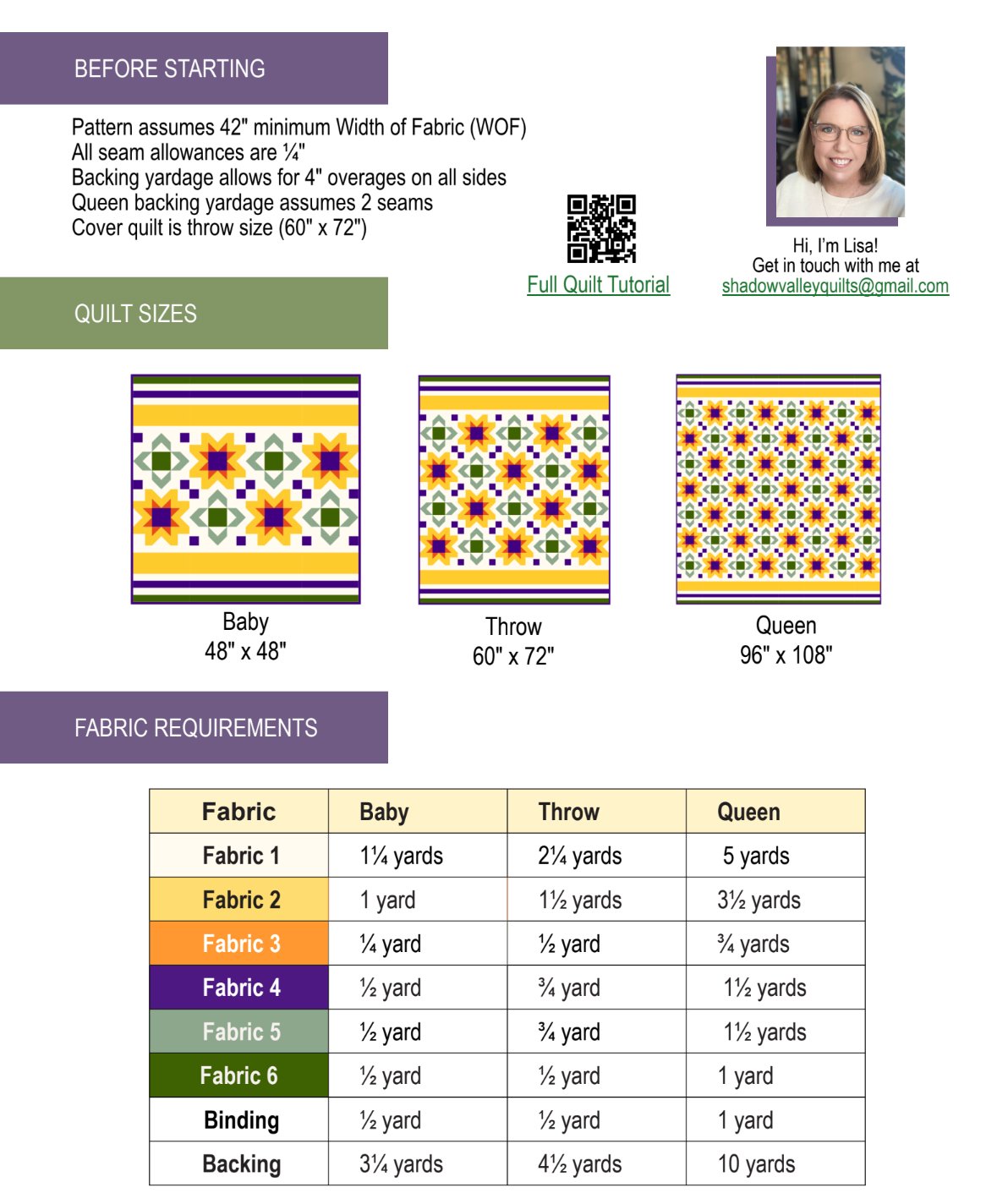 Back of the Scatter Sunshine Downloadable Pattern by Shadow Valley Quilt