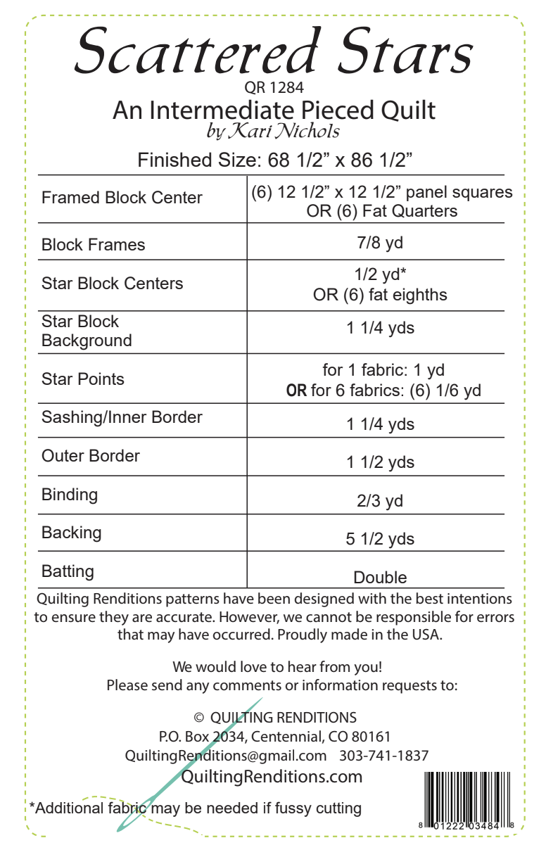 Back of the Scattered Stars Downloadable Pattern by Quilting Renditions
