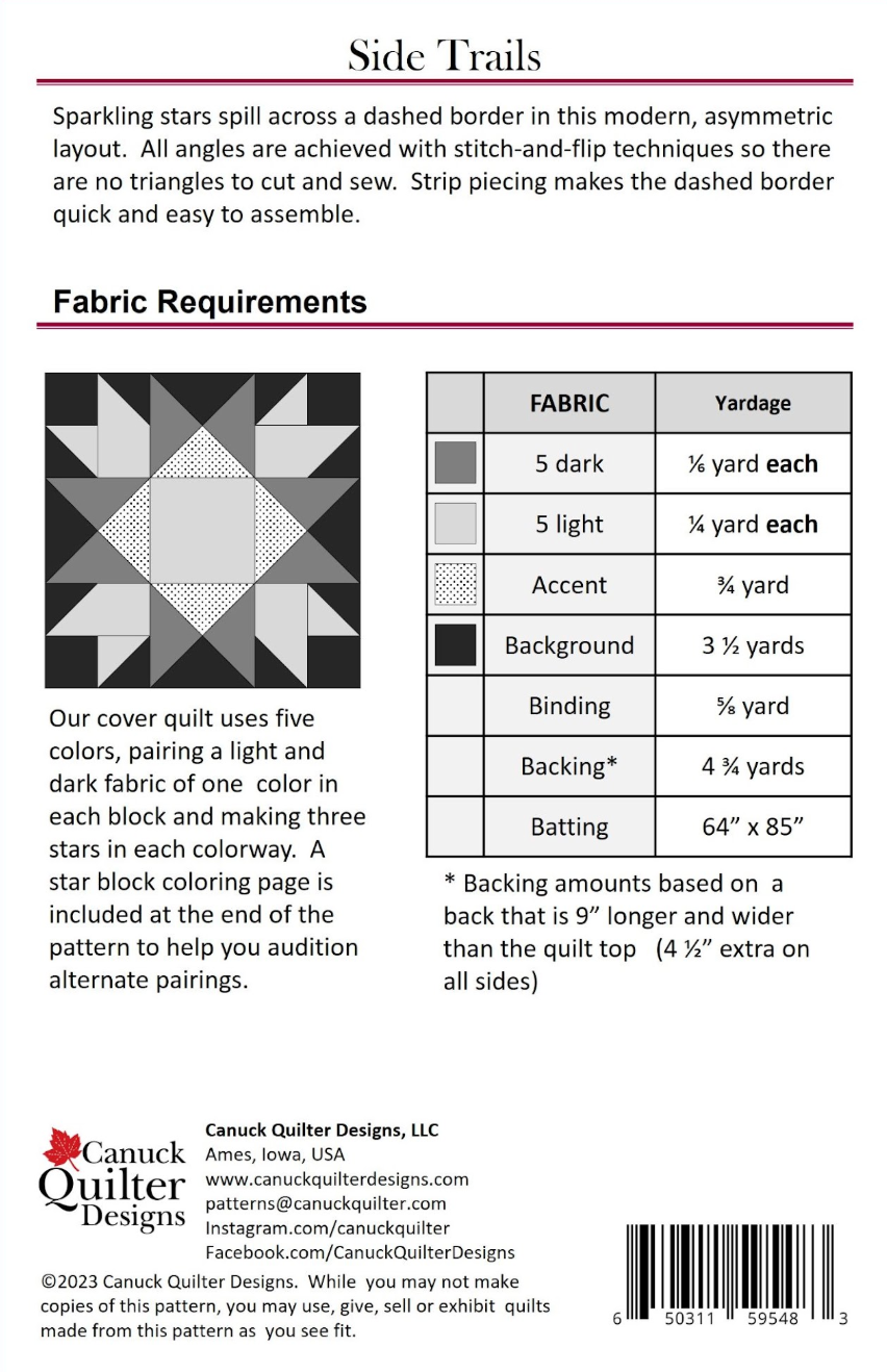 Back of the Side Trails Quilt Pattern by Canuck Quilter Designs