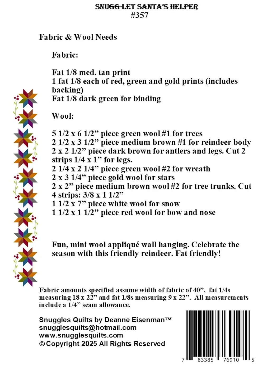 Back of the Snugg-let Santa's Helper Downloadable Pattern by Snuggles Quilts