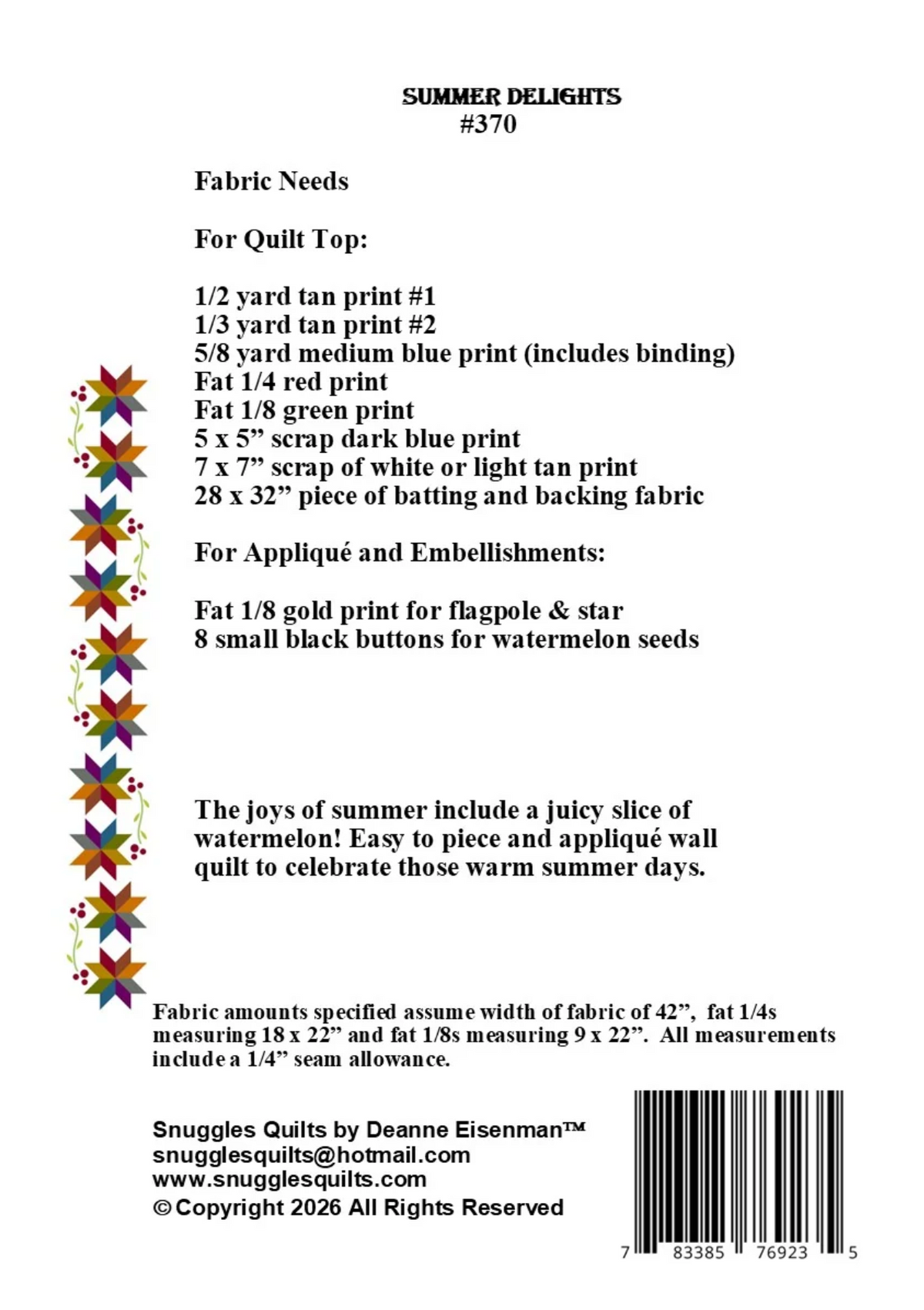 Back of the Summer Delights Downloadable Pattern by Snuggles Quilts