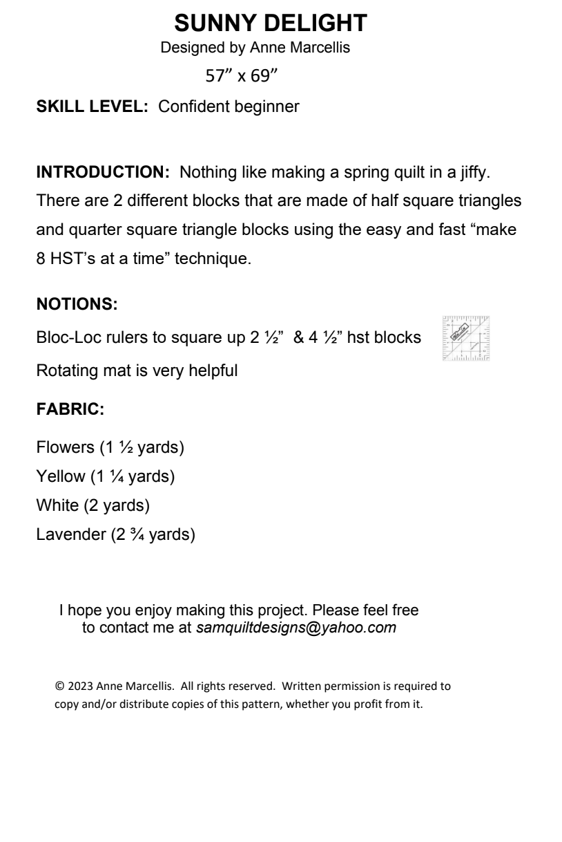 Back of the Sunny Delight Downloadable Pattern by Sam Quilt Designs