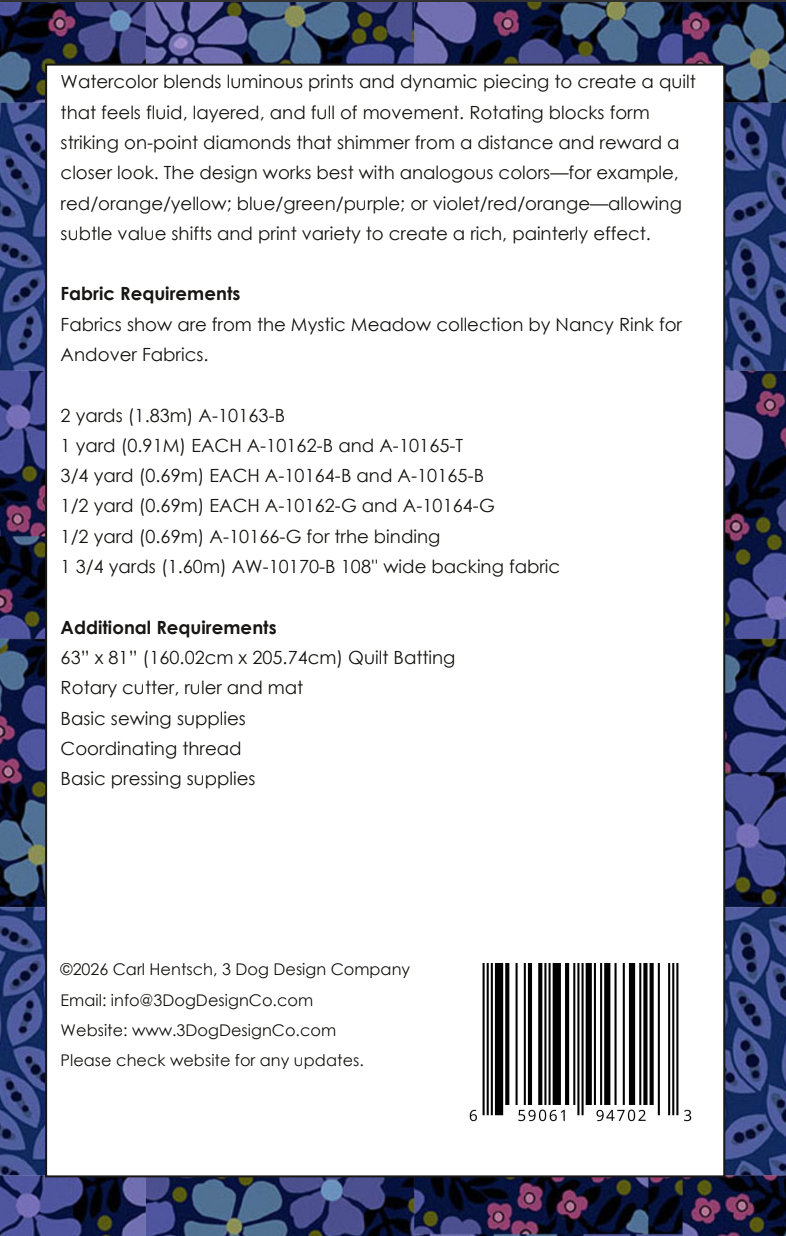Back of the Watercolor Downloadable Pattern by 3 Dog Design Co Quilt Patterns