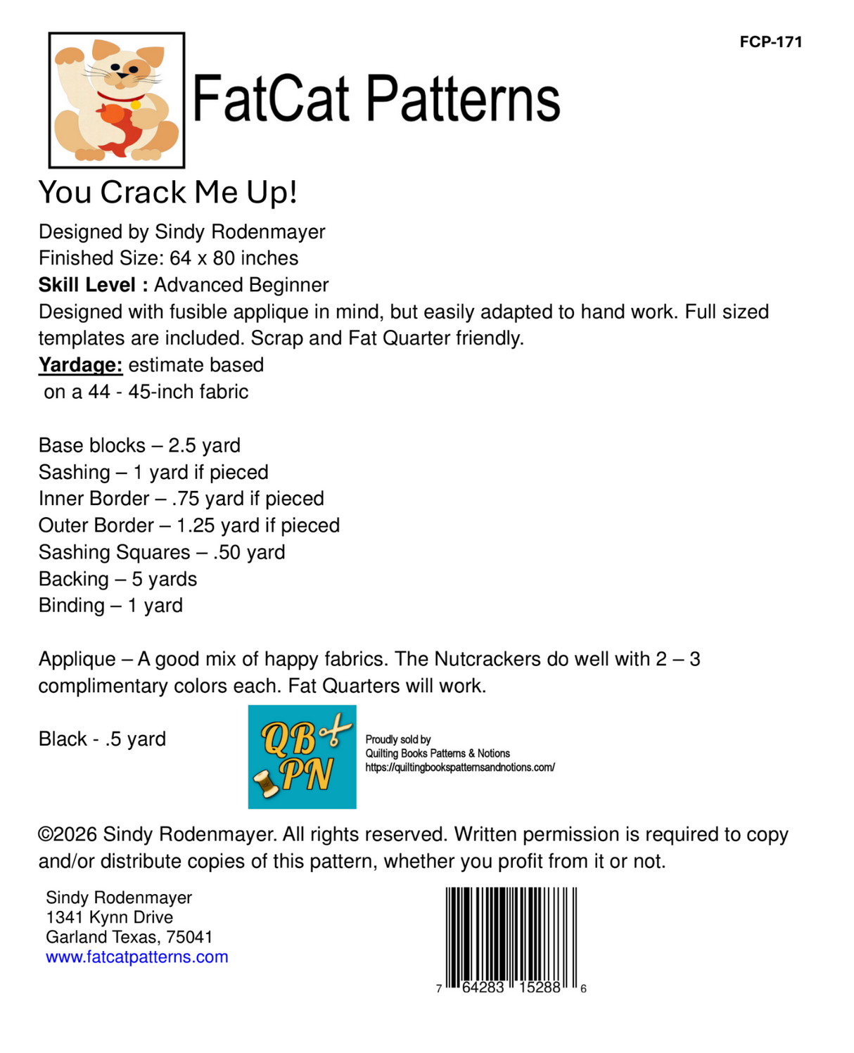 Back of the You Crack Me Up! Downloadable Pattern by FatCat Patterns