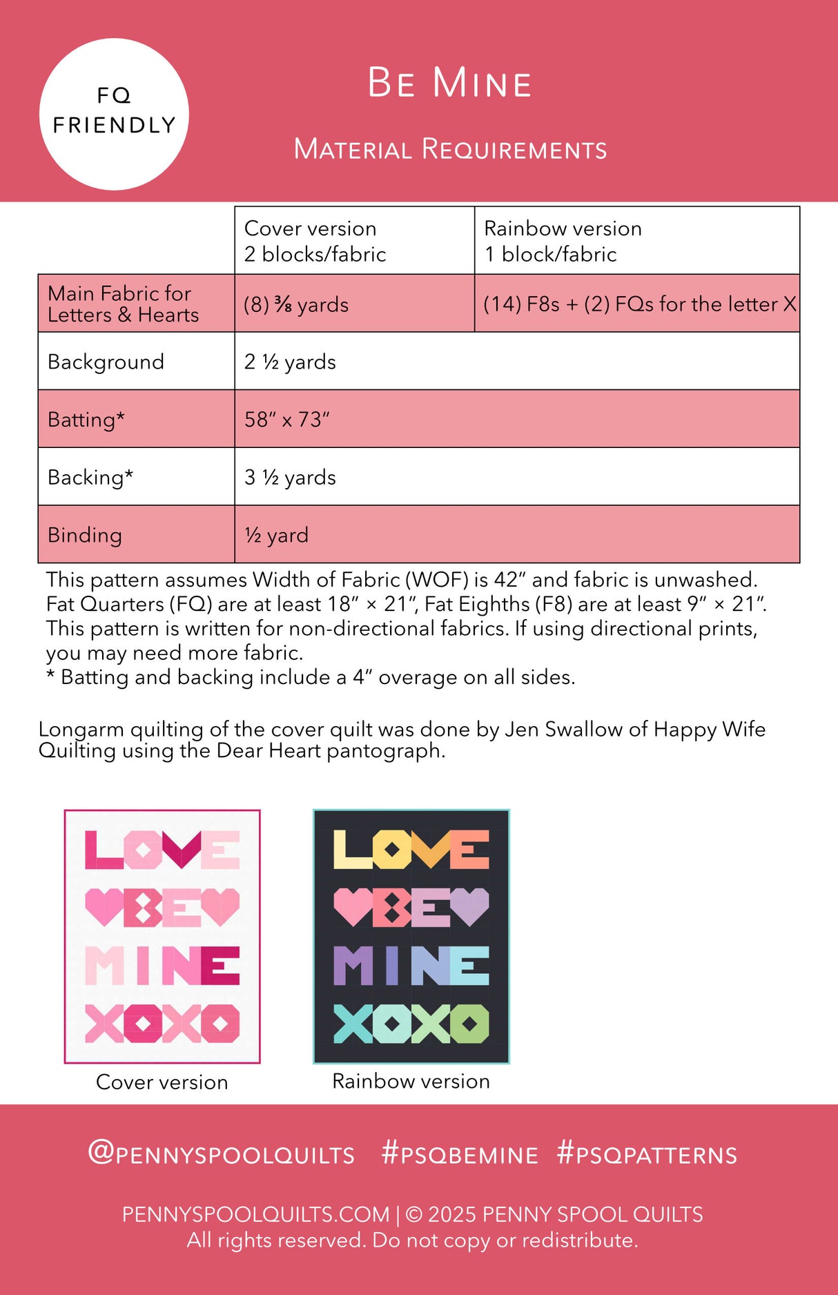 Back of the Be Mine Downloadable Pattern by Penny Spool Quilts Pattern