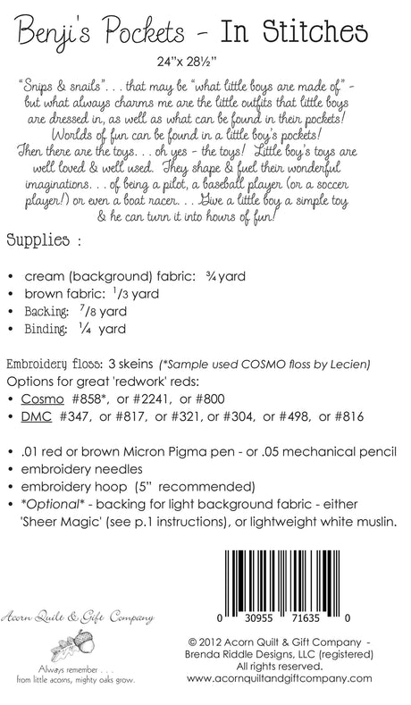 Back of the Benji's Pockets - In Stitches Quilt Pattern by Brenda Riddle Designs