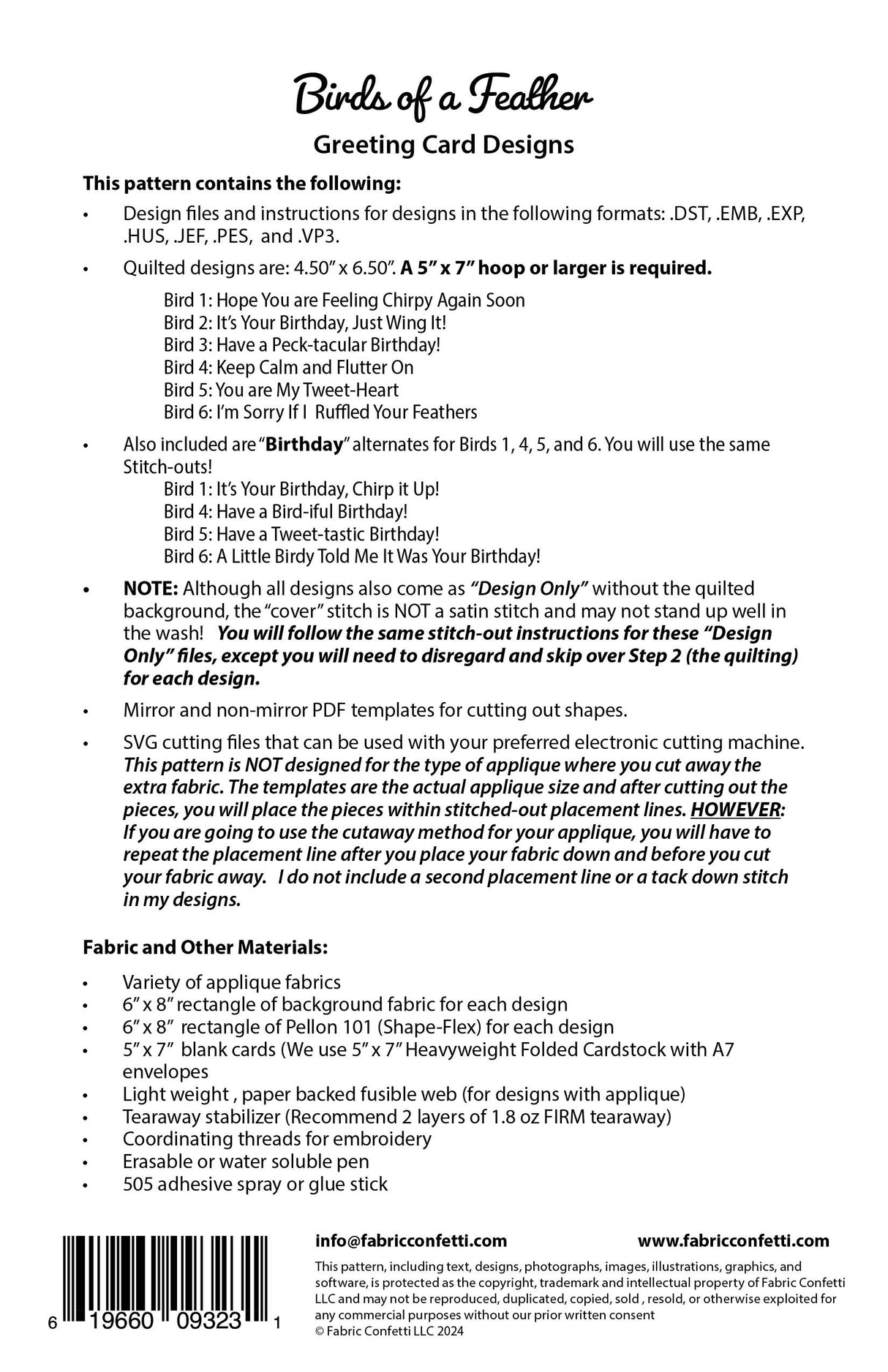 Back of the Birds of a Feather Greeting Cards Downloadable Pattern by Fabric Confetti