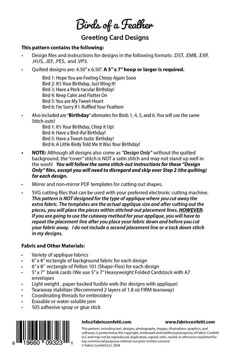 Back of the Birds of a Feather Greeting Cards Downloadable Pattern by Fabric Confetti