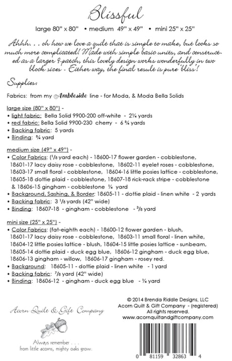 Back of the Blissful Quilt Pattern by Brenda Riddle Designs