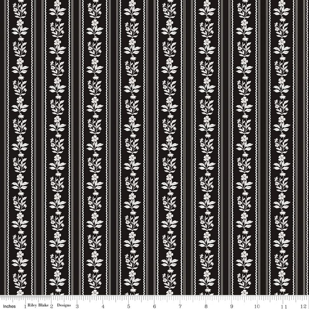 Moonlit Trellis Floral Stripe Black Quilt Fabric by My Minds Eye